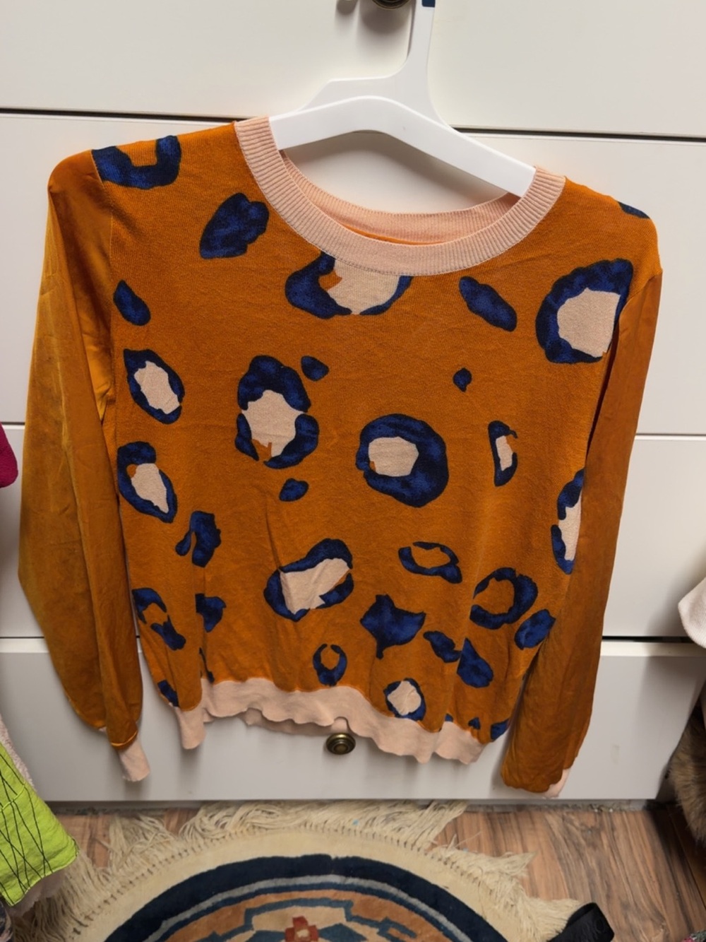 Bold Mustard Animal Print Sweater with Navy Accents